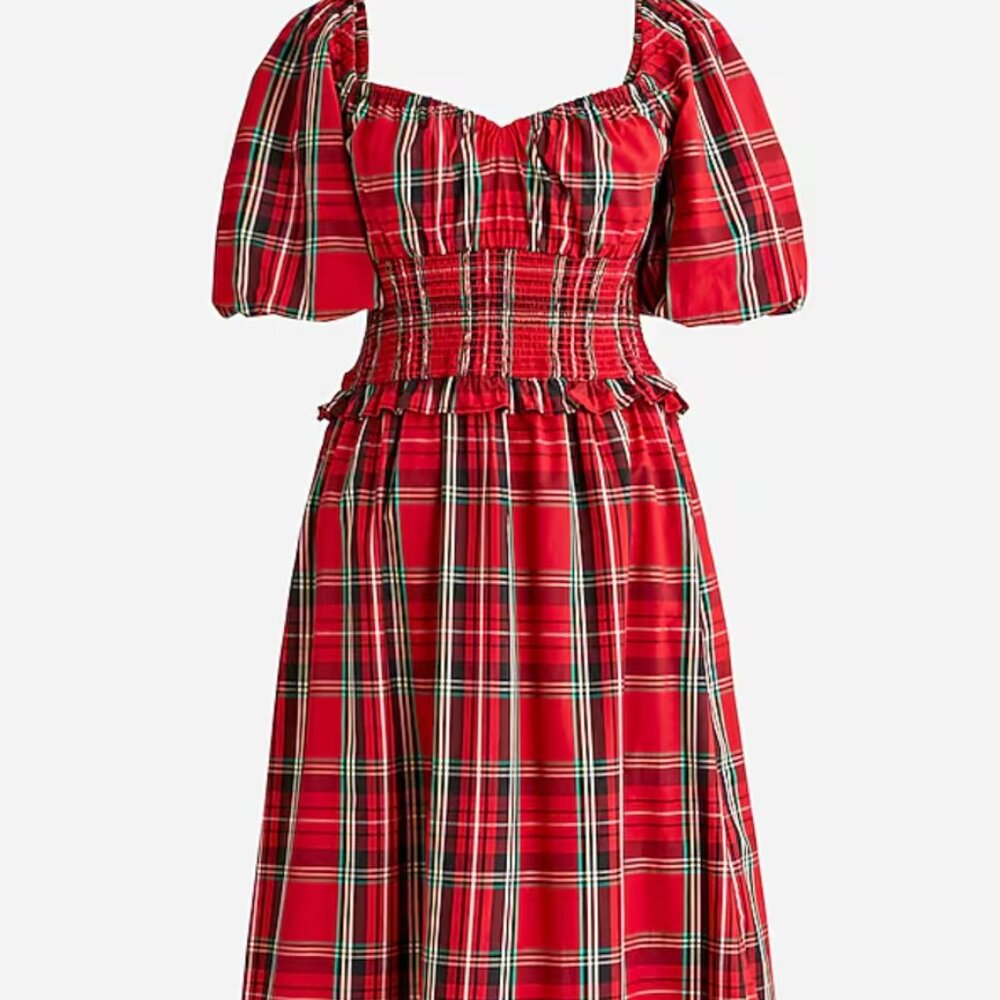 J.Crew smocked-waist puff-sleeved cotton poplin midi dress in Good Tidings plaid